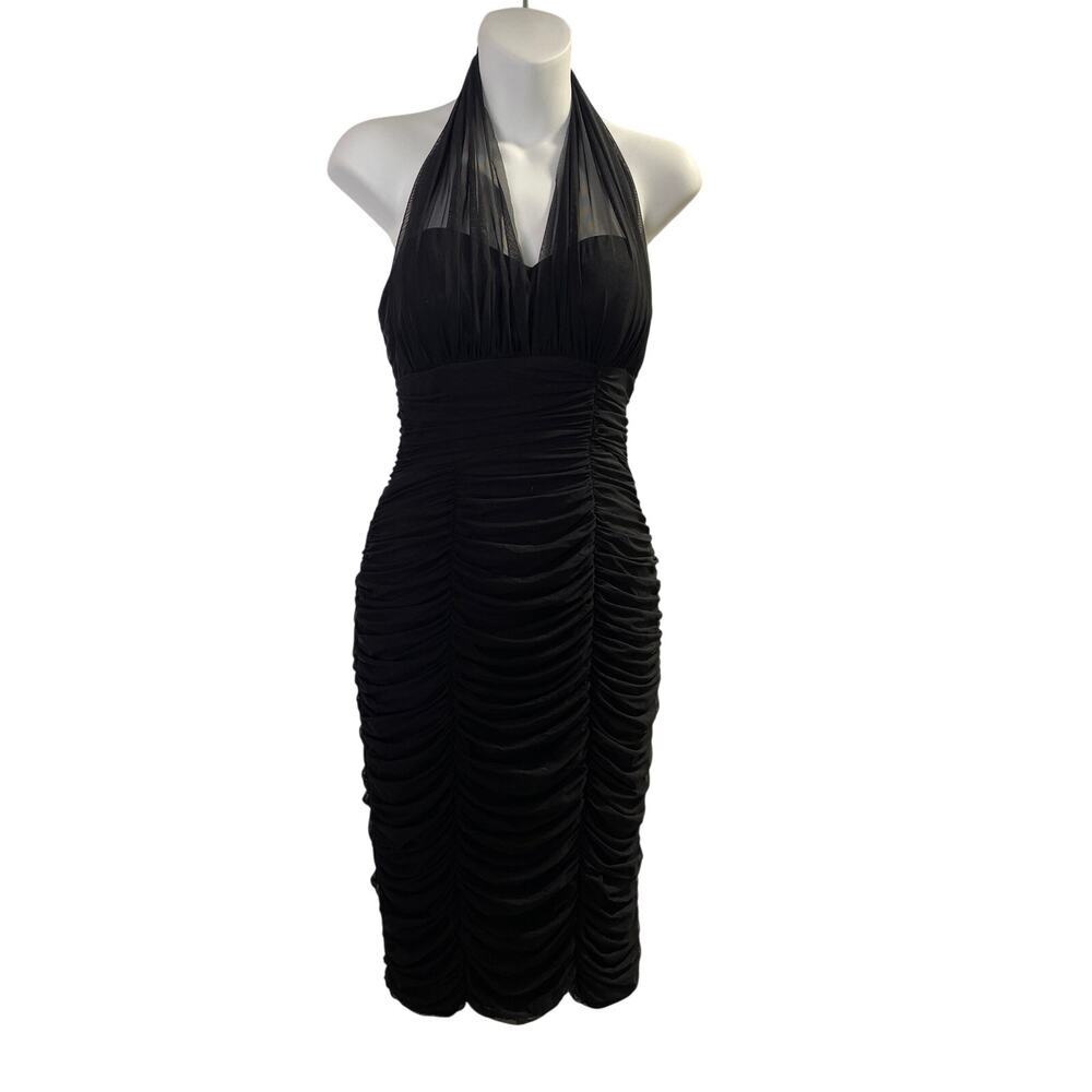 Vintage Betsy & Adam Black Ruched Halter Bodycon Cocktail Dress LBD Made in USA
